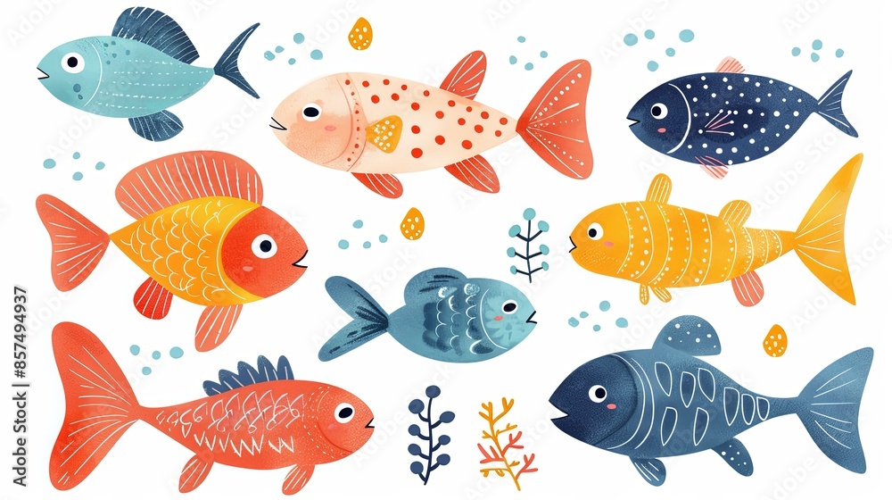 An imaginative and charming representation of diverse fish species adorned in bright, cheerful colors, swimming together playfully amidst small aquatic plants and bubbles. An imaginative and charming representation of diverse fish species adorned in bright, cheerful colors, swimming together playfully amidst small aquatic plants and bubbles.