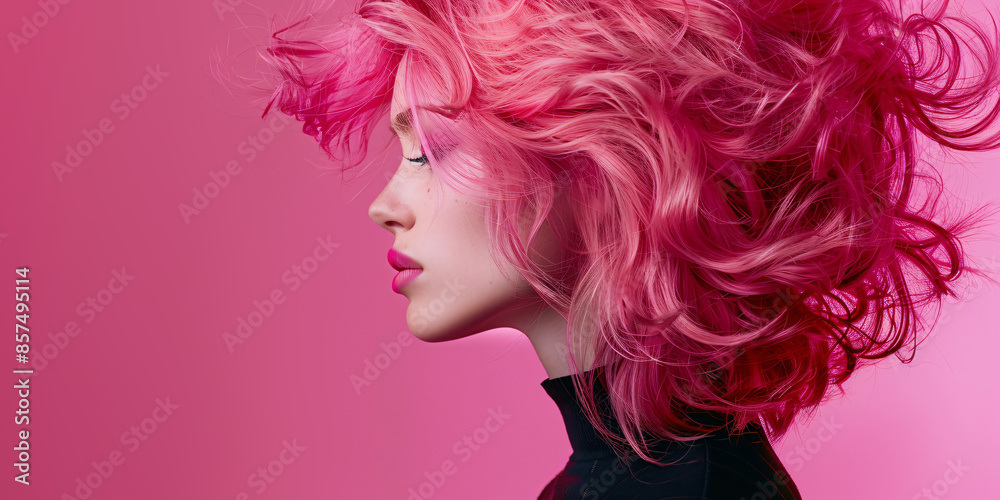 portrait of a beautiful lady with dynamic hairstyle in magenta color tones portrait of a beautiful lady with dynamic hairstyle in magenta color tones