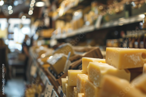 Fresh organic cheeses in the fridge on the shelf in the supermarketa, Variety Shopping in a supermarket, healthy consumerism food concept.