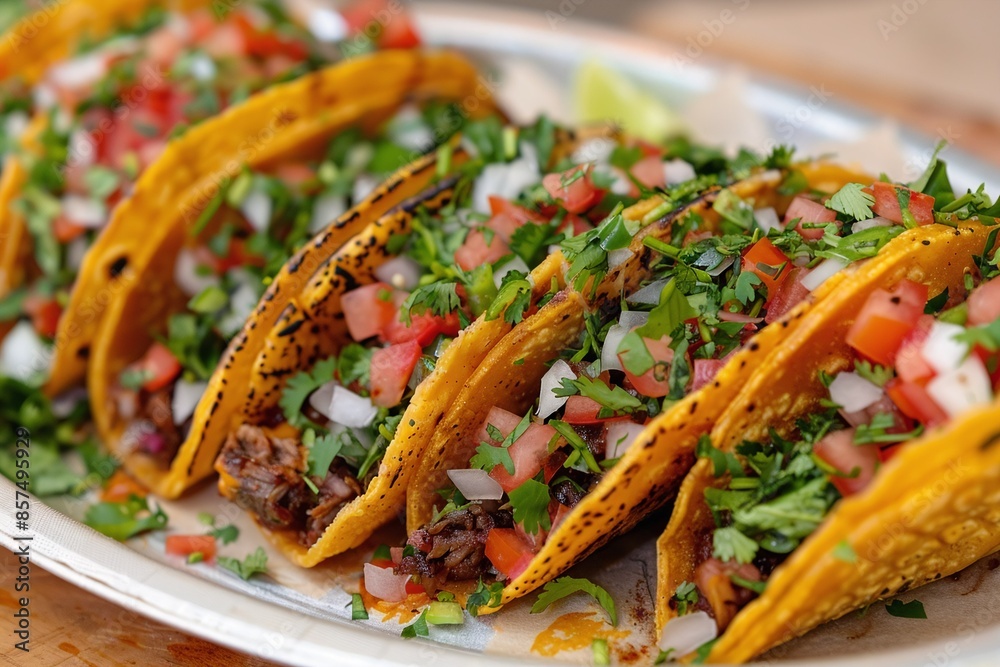 Colorful Mexican tacos with fresh toppings on white plate Colorful Mexican tacos with fresh toppings on white plate