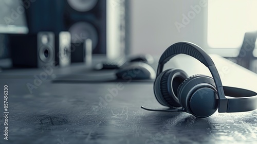 High perspective of modern audio headphones and mouse on a grey desk with space for text Selective focus © Emin