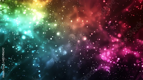 Colorful abstract background with vibrant colors. Glowing particles and shiny stars on dark blue background.