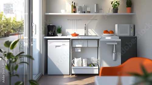 compact, modern kitchenette with high-efficiency appliances, fold-away surfaces, and integrated storage solutions, perfect for a studio apartment