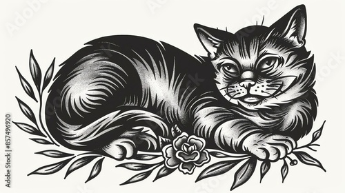 A hand-drawn illustration of a cat lying on a bed of flowers. The cat is black with white stripes. The flowers are pink and white. © Nijat