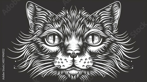 A black and white illustration of a cat's face. The cat has long, flowing fur and big, round eyes. photo