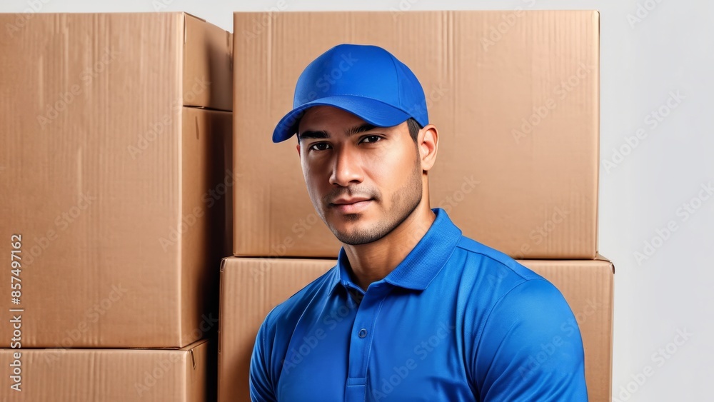 Delivery Worker in Blue Uniform with Cardboard Boxes Delivery Worker in Blue Uniform with Cardboard Boxes