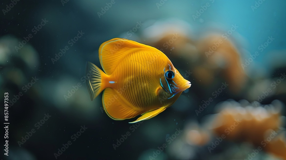 A stunningly realistic depiction of a yellow fish navigating through a coral reef, showcasing beautiful marine life in vibrant colors. Great for illustrating oceanic expeditions. A stunningly realistic depiction of a yellow fish navigating through a coral reef, showcasing beautiful marine life in vibrant colors. Great for illustrating oceanic expeditions.