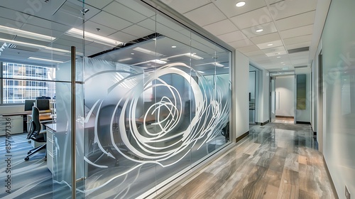 contemporary office space with a custom glass partition system, etched with abstract designs that offer both separation and a sense of openness