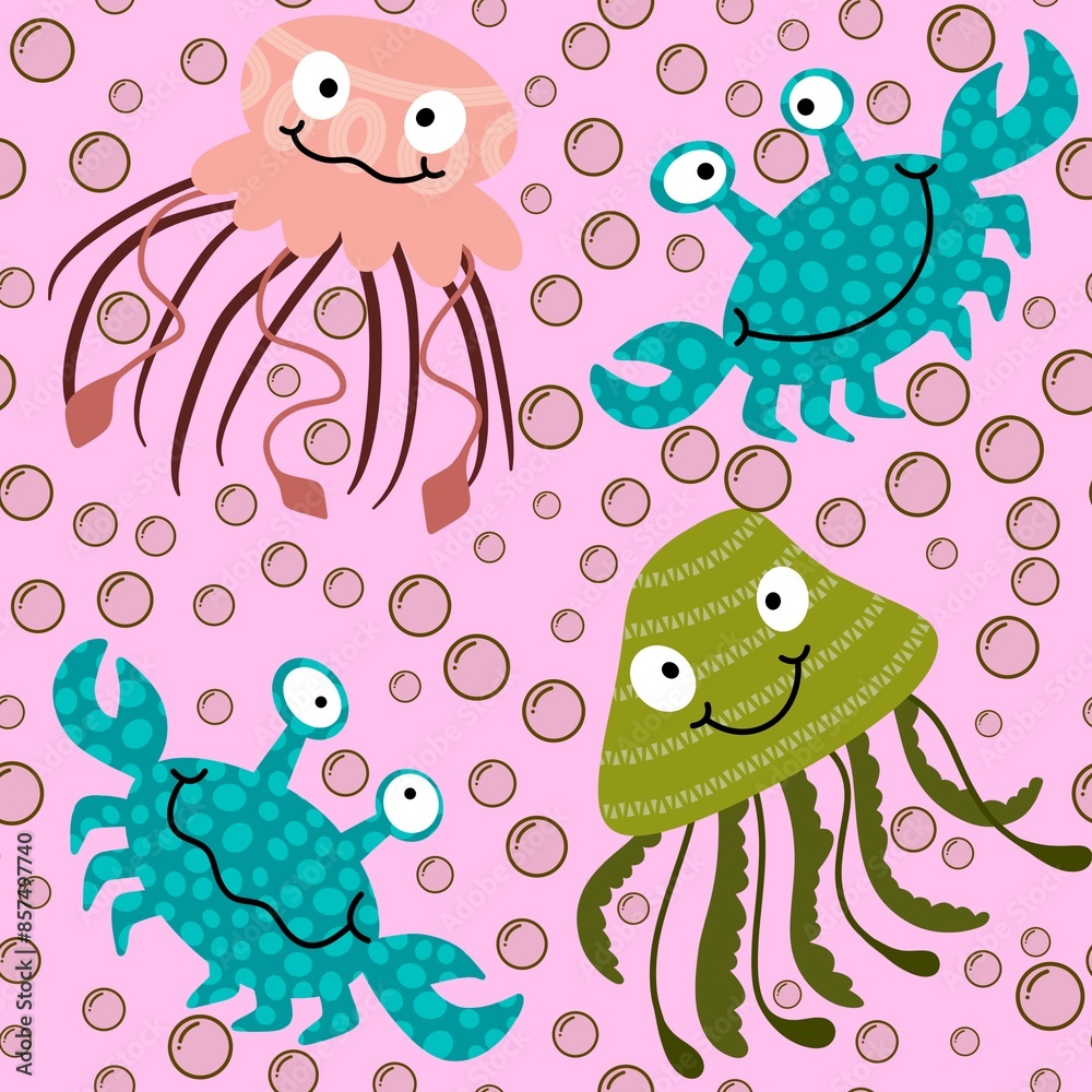Obraz premium Summer animals print seamless cartoon crabs and jellyfish pattern for wrapping