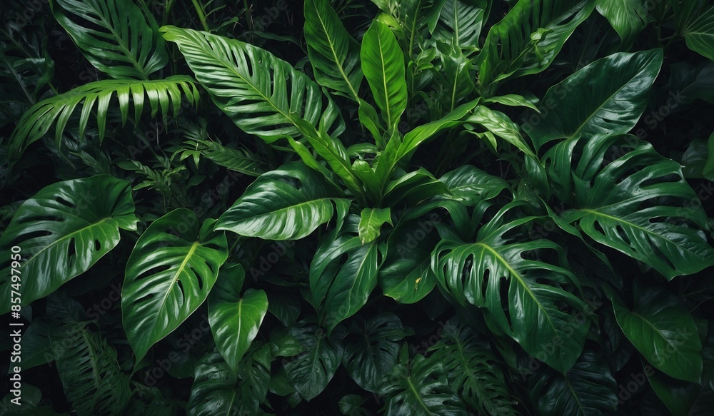 Lush green leaves forming a dense and vibrant jungle. Lush green leaves forming a dense and vibrant jungle.