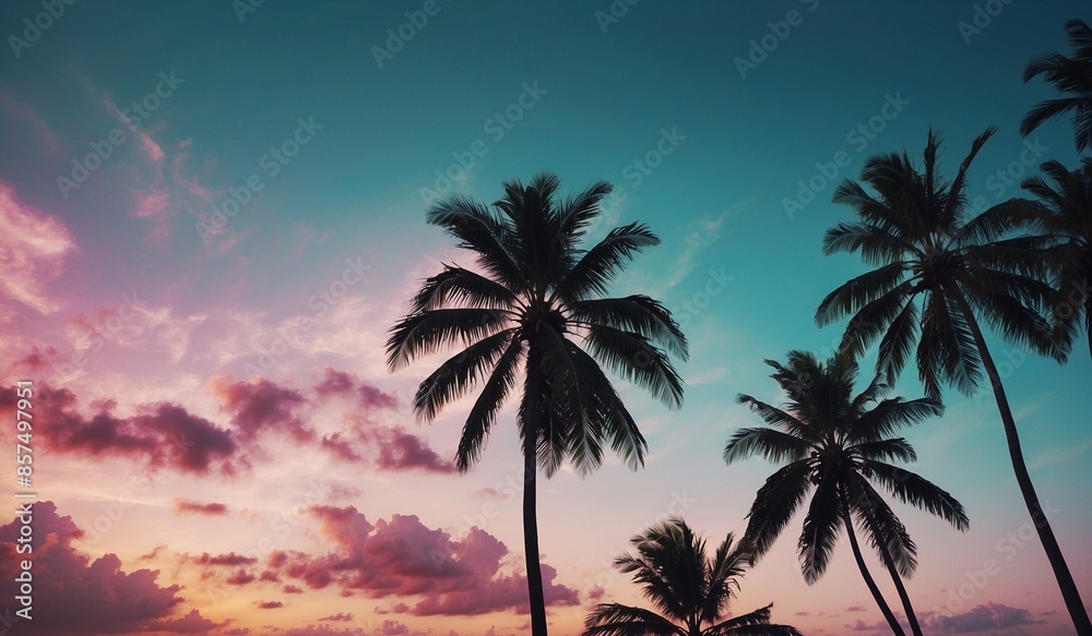 Palm trees against a colorful sunset with scattered clouds.