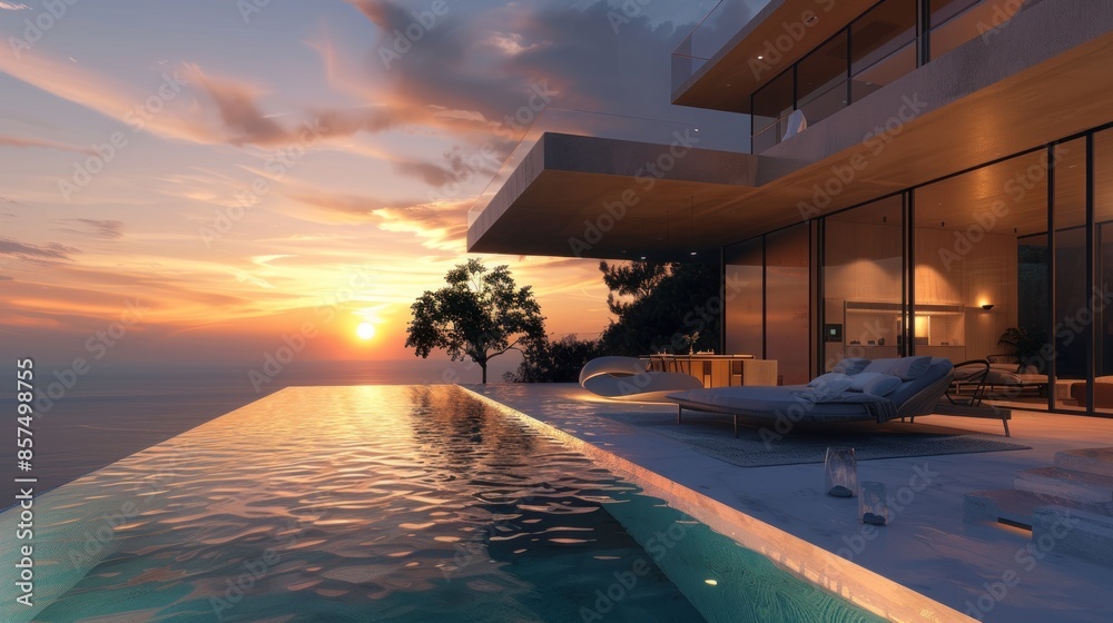 Fototapeta premium Modern Villa at Sunset, tranquil modern luxury home showcase exterior with infinity pool and sunset ocean view