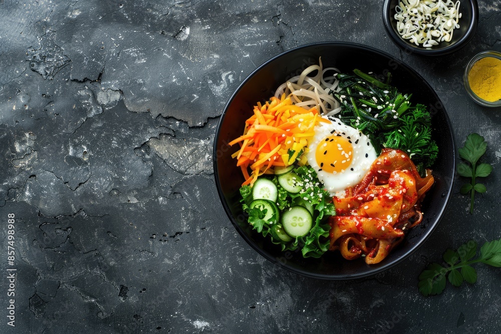 Bibimbap on a dark concrete background traditional korean dish top view Bibimbap on a dark concrete background traditional korean dish top view