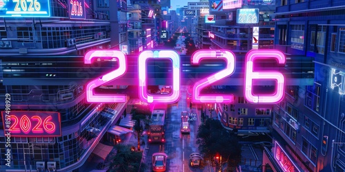 neon sign with the year number “2026” in a futuristic city, modern new year card design