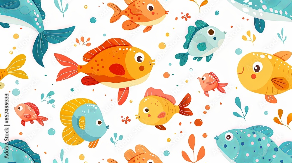 A whimsical pattern showcasing a variety of colorful fish and aquatic elements, creating a fun and lively ambiance ideal for designs targeting kids or playful decorations. A whimsical pattern showcasing a variety of colorful fish and aquatic elements, creating a fun and lively ambiance ideal for designs targeting kids or playful decorations.