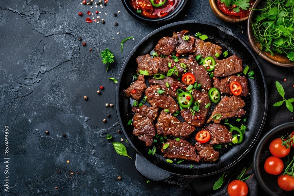 bulgogi on a black background korean beef dish asian food top view copy space bulgogi on a black background korean beef dish asian food top view copy space