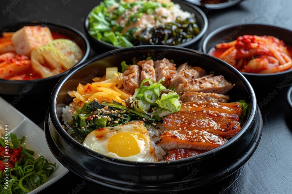 Korean combo set Bibimbap Tteok bokki Samgyeobsal with Kimchi. Korean combo set Bibimbap Tteok bokki Samgyeobsal with Kimchi.