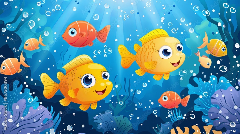 An adorable illustration of smiling cartoon fish with big eyes swimming underwater surrounded by bubbles and marine plants, evoking the playful and cheerful spirit of the ocean. An adorable illustration of smiling cartoon fish with big eyes swimming underwater surrounded by bubbles and marine plants, evoking the playful and cheerful spirit of the ocean.