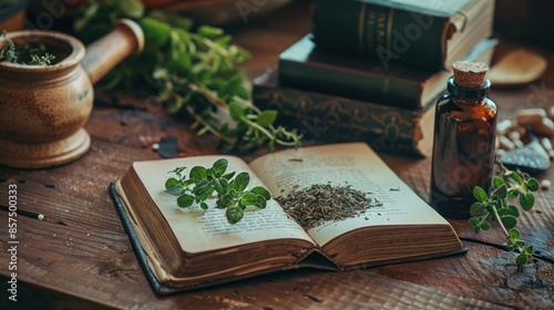 Mortar and pestle with pharmaceutical preparations' book and herbs on a wooden pharmacist table, traditional medicine and pharmacy concept