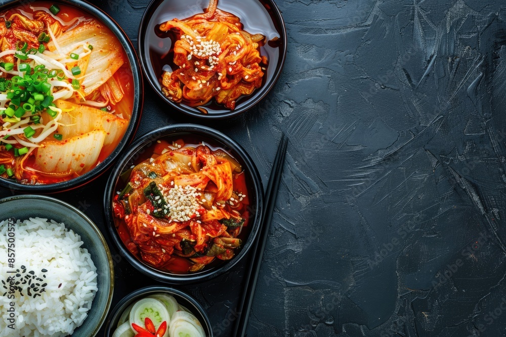 Traditional Korean food kimchi and rice on dark background. Traditional Korean food kimchi and rice on dark background.