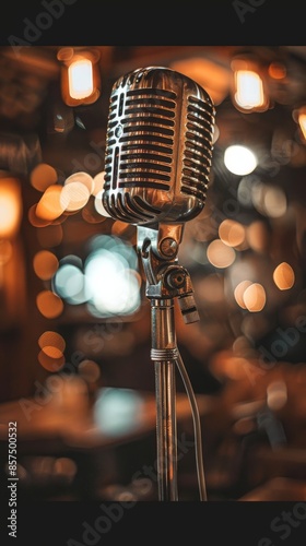 Vintage microphone against bokeh lights background, music and performance concept