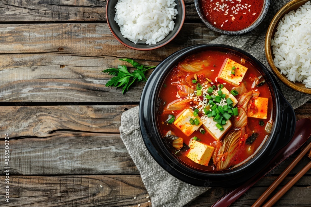 Korean food Korean food Kimchi soup with fofu and cooked rice on wooden background Korean food Korean food Kimchi soup with fofu and cooked rice on wooden background