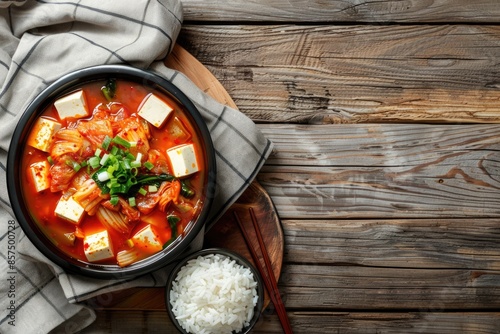 Korean food  Korean food  Kimchi soup with fofu and cooked rice on wooden background photo