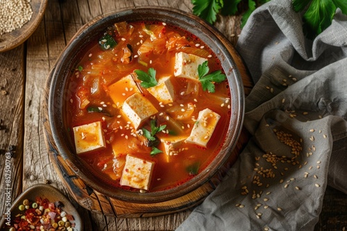 Korean food  Korean food  Kimchi soup with tofu in a bowl on wooden background photo