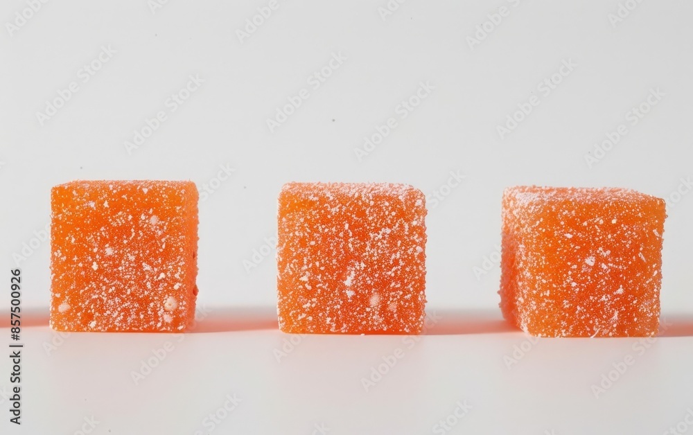 A Collection of Four Orange Sugared Candies in a Row on White Surface A Collection of Four Orange Sugared Candies in a Row on White Surface