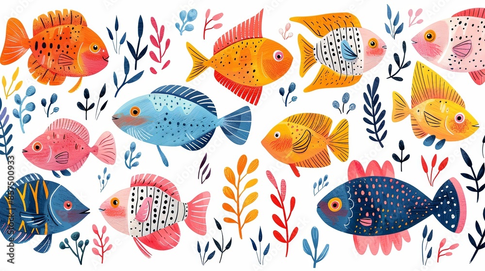 This image showcases a dozen vibrant, colorful fish swimming gracefully amongst an array of equally colorful aquatic plants and leaves, creating a lively underwater scene. This image showcases a dozen vibrant, colorful fish swimming gracefully amongst an array of equally colorful aquatic plants and leaves, creating a lively underwater scene.