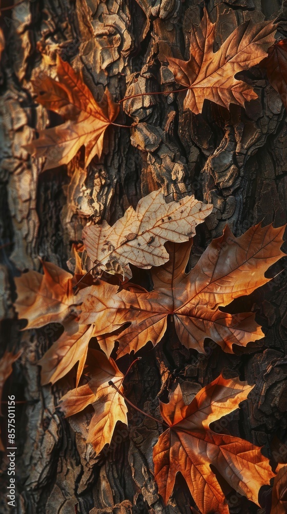 Fallen autumn leaves on tree bark, close-up. Nature and seasonal change concept Fallen autumn leaves on tree bark, close-up. Nature and seasonal change concept