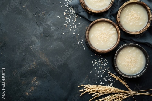 Traditional Korean rice wine  healthy alcoholic beverage on dark background. photo