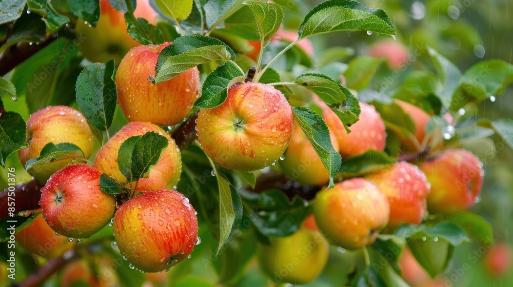 Obraz premium Shiny delicious apples hanging from a tree branch in an apple orchard