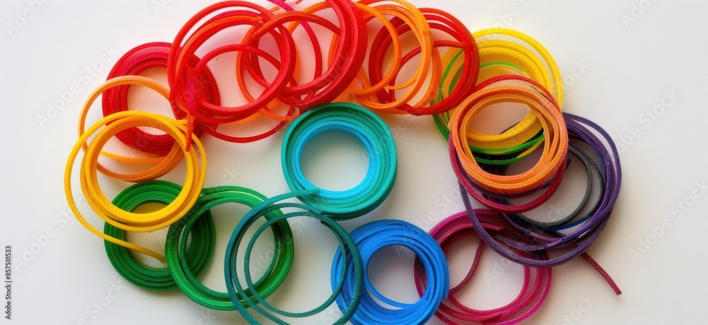 Fototapeta premium Brightly Colored Rings: Artistic Stack of Circular Plastic Rings for Crafts or Toys with Kids