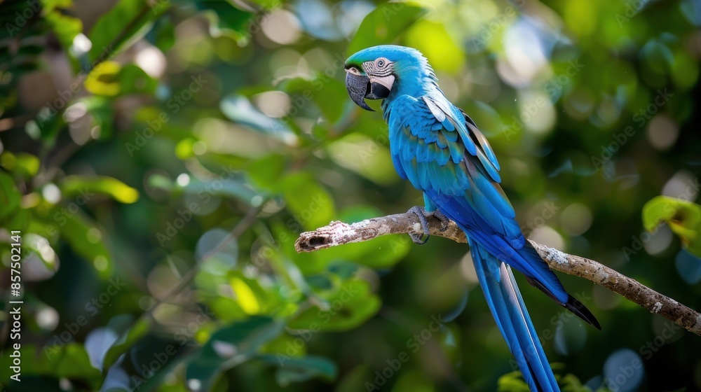 Obraz premium The blue parrot sits regally on its branch, a splash of color against the tapestry of green leaves