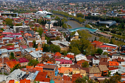 Panoramic view of Tbilisi city from the Saint mount (Mtatsminda), old town and modern architecture. Tbilisi the capital of Georgia