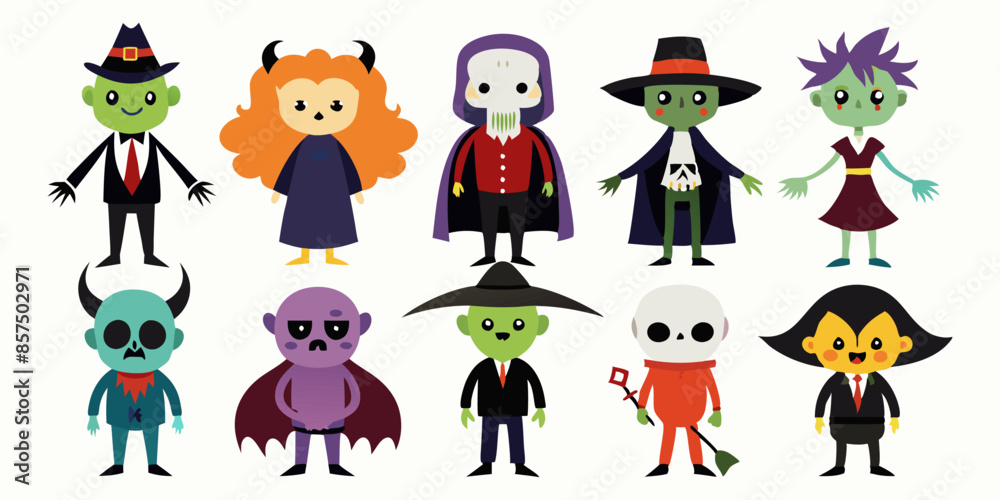 Cartoon characters dressed in Halloween costumes isolated on a white background. Concept of festive illustration, Halloween, spooky costumes, cute characters. Print, design element, digital art. Cartoon characters dressed in Halloween costumes isolated on a white background. Concept of festive illustration, Halloween, spooky costumes, cute characters. Print, design element, digital art.