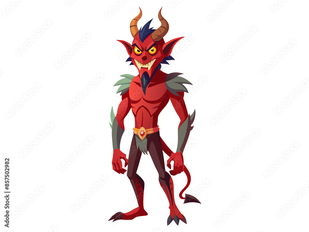 Fototapeta premium Cartoon devil character with glowing eyes isolated on a white background. Concept of Halloween, fantasy creature, mythical demon, villainous imp, digital art. Print, illustration, design element.
