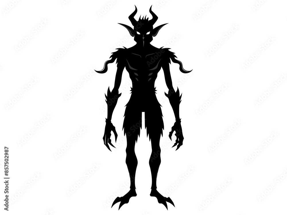 Black silhouette of devil character isolated on a white background. Concept of Halloween, fantasy creature, mythical demon, villainous imp, digital art. Print, illustration, design element Black silhouette of devil character isolated on a white background. Concept of Halloween, fantasy creature, mythical demon, villainous imp, digital art. Print, illustration, design element