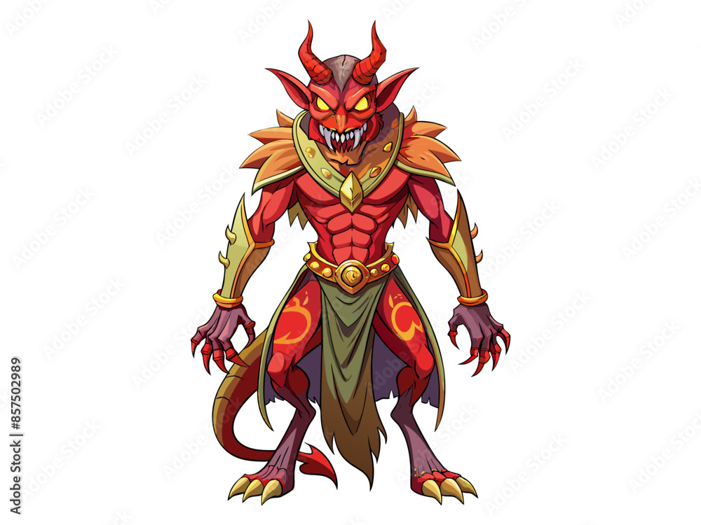 Fototapeta premium Cartoon devil character with glowing eyes isolated on a white background. Concept of Halloween, fantasy creature, mythical demon, villainous imp, digital art. Print, illustration, design element.