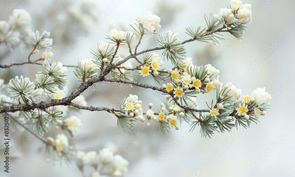 Blossoming Branch with White and Yellow Flowers
