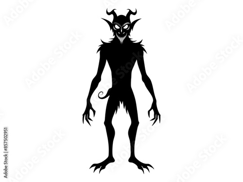Black silhouette of devil character isolated on a white background. Concept of Halloween, fantasy creature, mythical demon, villainous imp, digital art. Print, illustration, design element