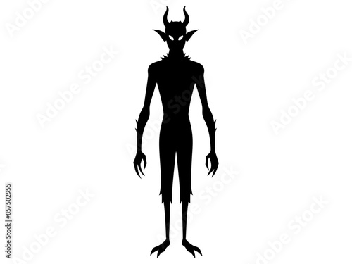 Black silhouette of devil character isolated on a white background. Concept of Halloween, fantasy creature, mythical demon, villainous imp, digital art. Print, illustration, design element