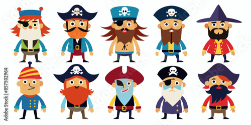 Colorful cartoon pirates isolated on a white background. Concept of pirate characters, seafaring adventurers, humorous style, fun kids' illustration. Print, design element, graphic art.