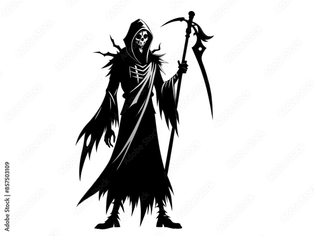 Black silhouette of the Grim Reaper isolated on a white background. Concept of death, spooky figure, minimalist style, Halloween. Print, digital art, illustration, design element Black silhouette of the Grim Reaper isolated on a white background. Concept of death, spooky figure, minimalist style, Halloween. Print, digital art, illustration, design element
