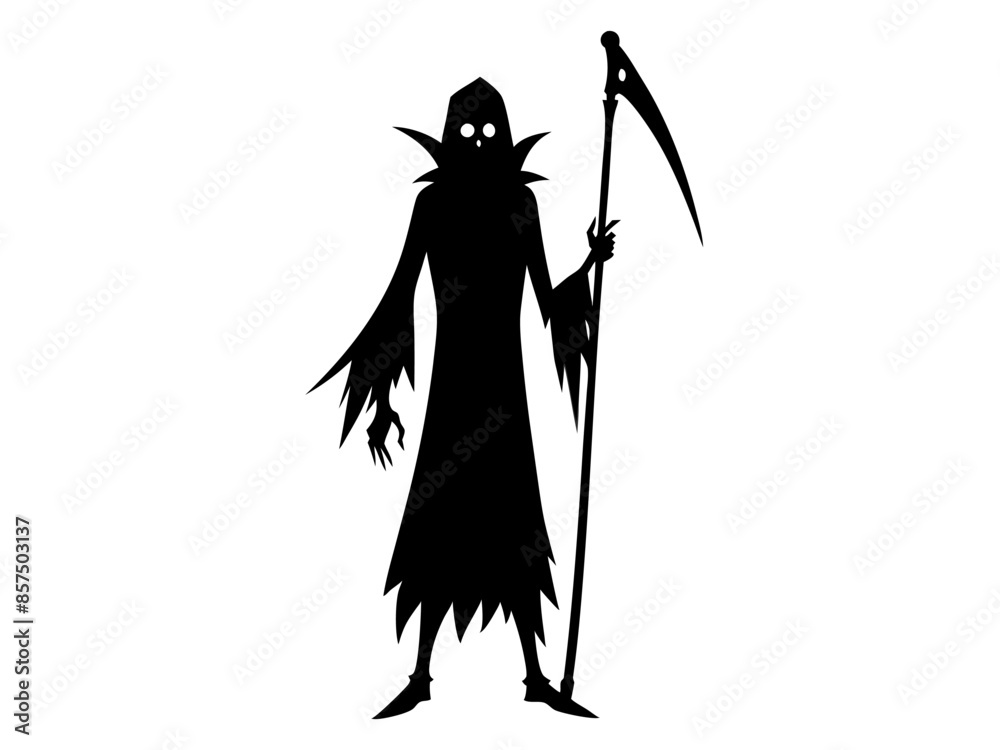 Black silhouette of the Grim Reaper isolated on a white background. Concept of death, spooky figure, minimalist style, Halloween. Print, digital art, illustration, design element Black silhouette of the Grim Reaper isolated on a white background. Concept of death, spooky figure, minimalist style, Halloween. Print, digital art, illustration, design element