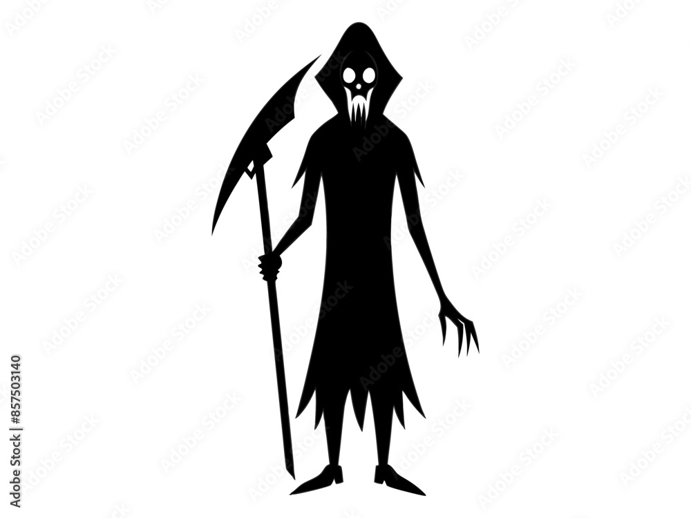 Black silhouette of the Grim Reaper isolated on a white background. Concept of death, spooky figure, minimalist style, Halloween. Print, digital art, illustration, design element Black silhouette of the Grim Reaper isolated on a white background. Concept of death, spooky figure, minimalist style, Halloween. Print, digital art, illustration, design element