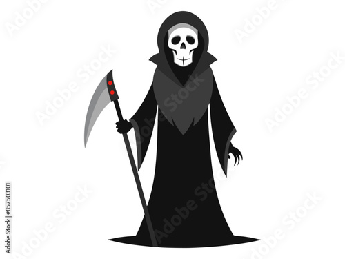Black silhouette of the Grim Reaper isolated on a white background. Concept of death, spooky figure, minimalist style, Halloween. Print, digital art, illustration.