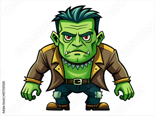 Green Frankenstein monster isolated on a white background. Concept of Halloween, horror character, comic style, spooky creature. Print, icon, design element.