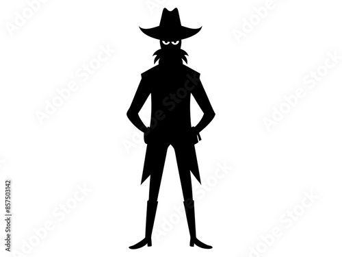 Black silhouette of cartoon pirate standing isolated on white background. Concept of pirate, Halloween, seafaring character, adventurous figure, kids illustration. Print, design element, graphic art